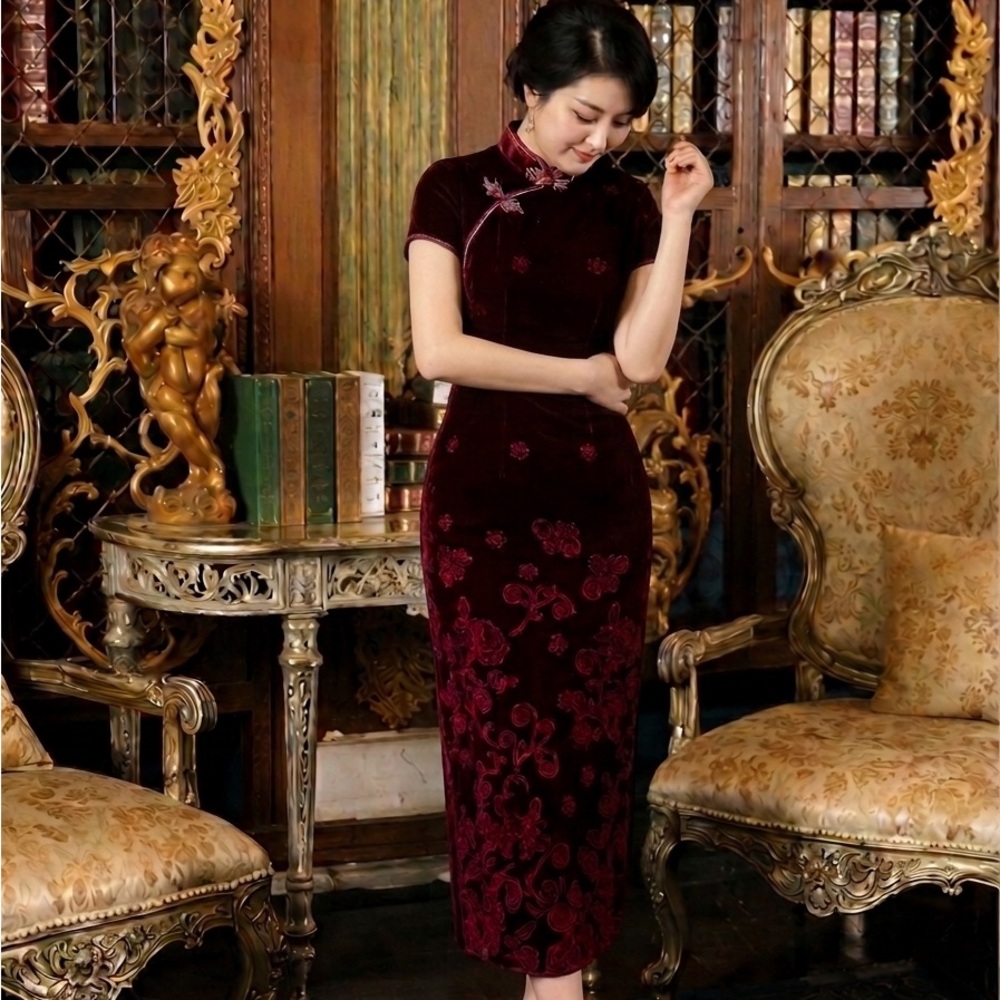 Velvet Qipao Dress in Deep Burgundy